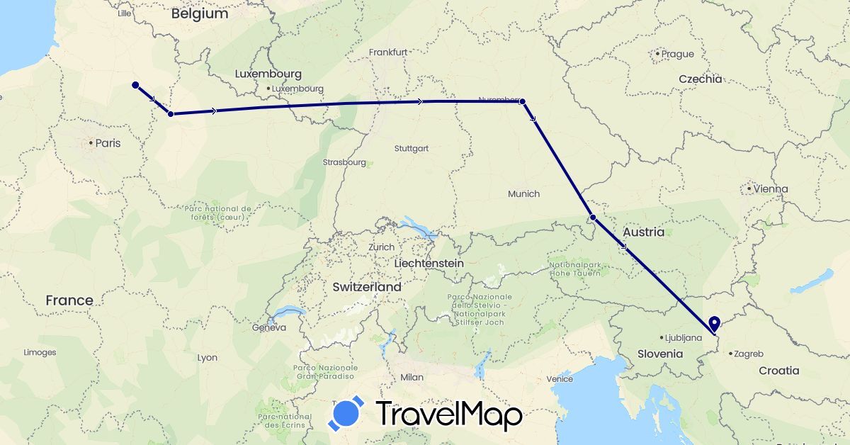 TravelMap itinerary: driving in Austria, Germany, France, Croatia (Europe)